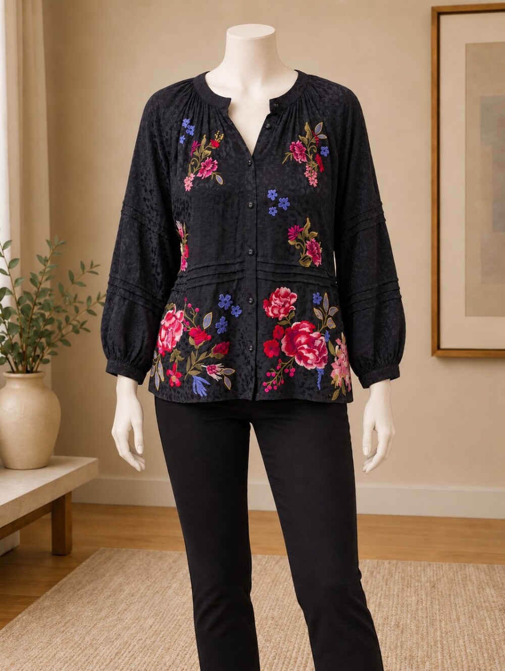 Johnny Was Womens Pintuck Raglan Button Up Embroidered Blouse Size Large NWT